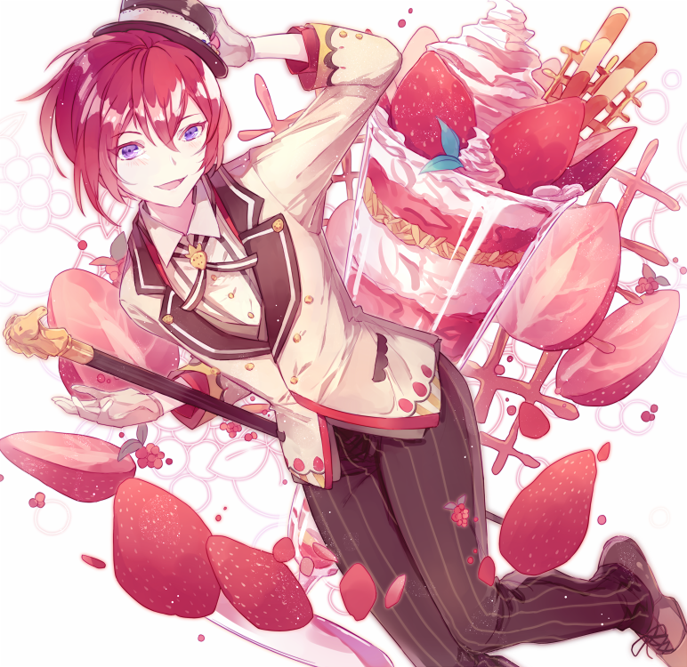 10s 1boy adjusting_clothes adjusting_hat blush bolo_tie cake cane ensemble_stars! food fruit full_body gloves hair_between_eyes hat lyodi male_focus mini_hat open_mouth parfait pinstripe_pattern redhead smile solo strawberry striped suou_tsukasa violet_eyes whipped_cream white_gloves