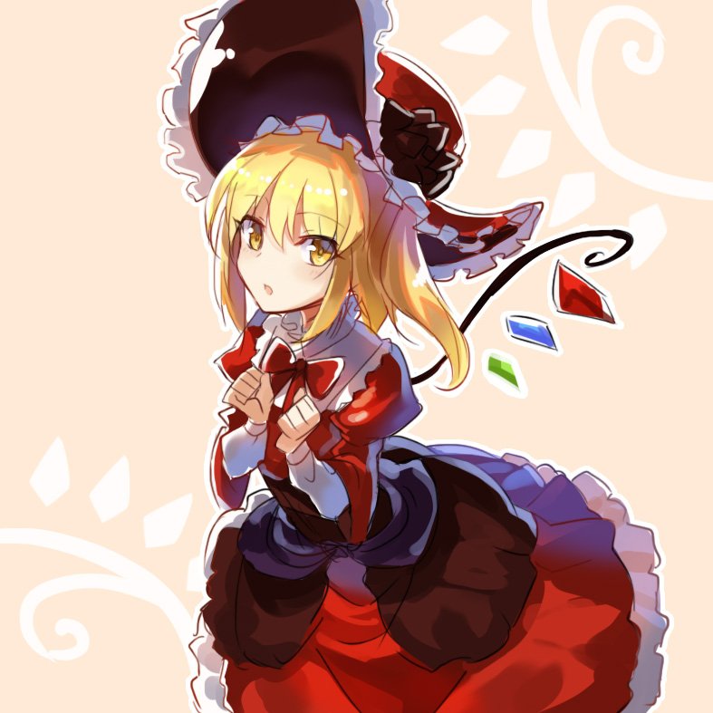 alternate_costume blonde_hair bow clenched_hands dress flandre_scarlet frills lolita_fashion long_skirt long_sleeves looking_at_viewer red_bow red_dress rin_falcon side_ponytail skirt touhou wings yellow_eyes