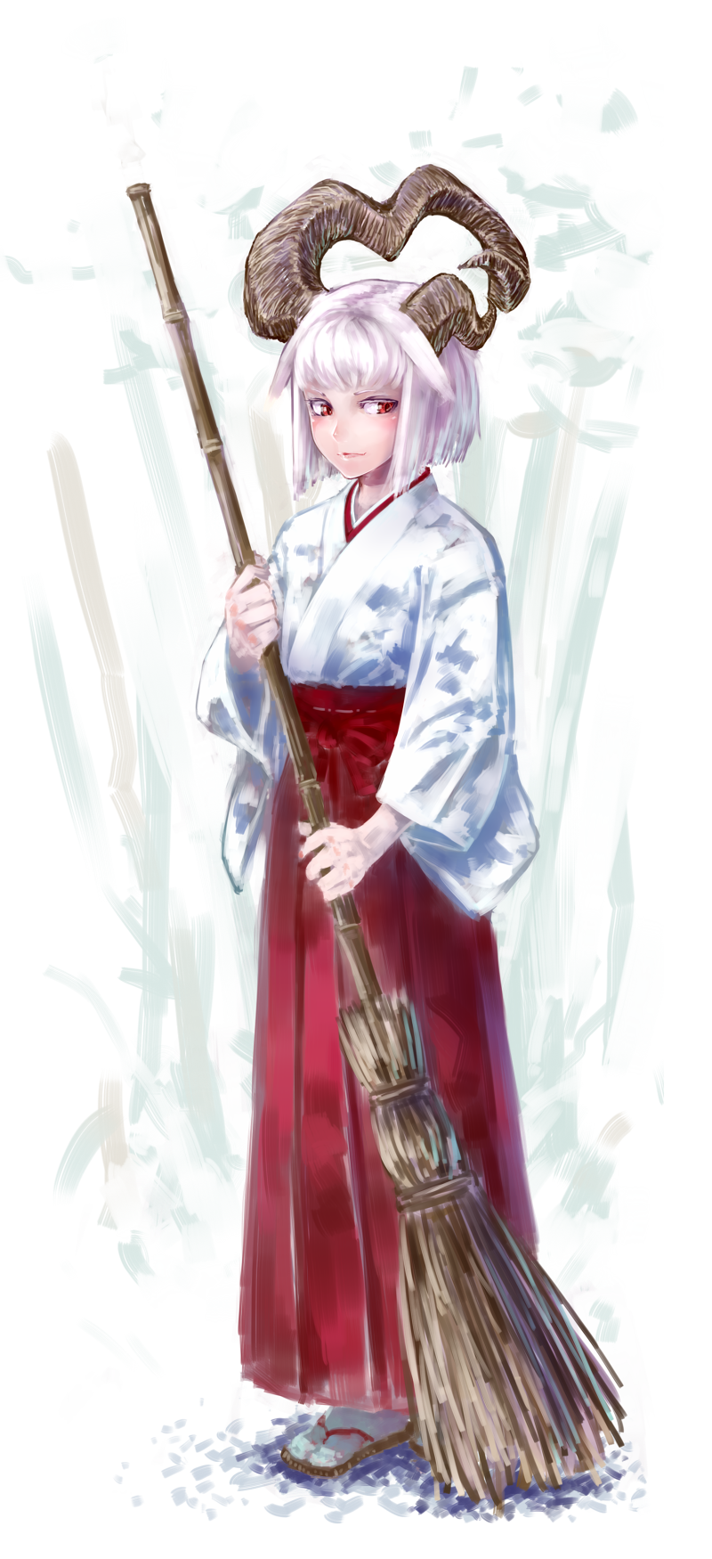 1girl bangs broom full_body hakama highres holding holding_broom horns jaco japanese_clothes kimono long_sleeves looking_to_the_side miko original parted_lips red_eyes red_hakama sandals short_hair smile solo standing tabi white_hair white_kimono white_legwear wide_sleeves