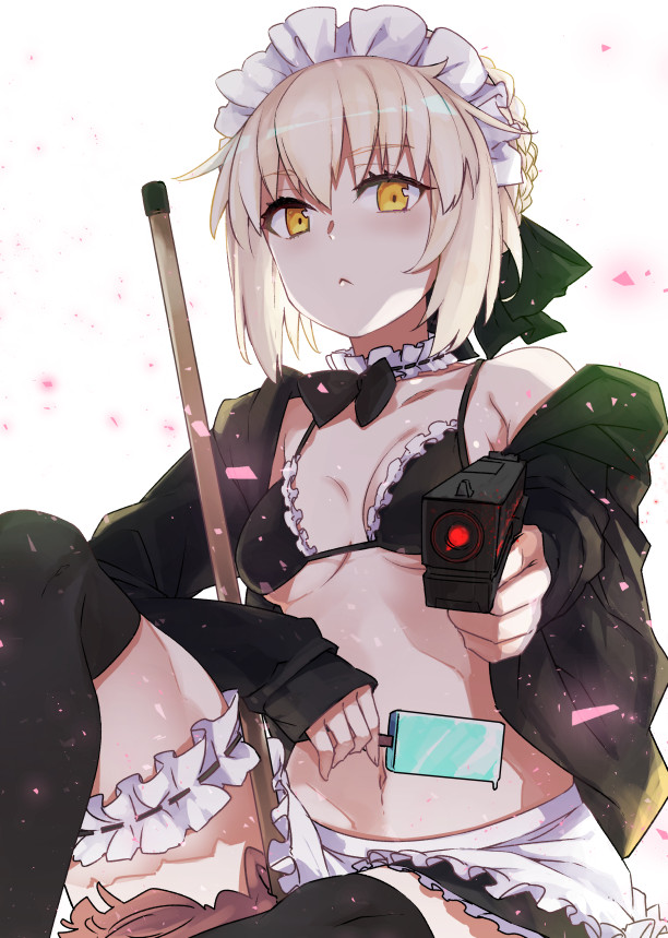 1girl :&lt; aiming_at_viewer apron artoria_pendragon_(all) artoria_pendragon_(swimsuit_rider_alter)_(fate) bangs between_legs bikini bikini_under_clothes black_jacket black_legwear blonde_hair breasts detached_collar eyebrows_visible_through_hair fate/grand_order fate_(series) food glock gun hair_ribbon handgun holding holding_food holding_gun holding_weapon jacket knee_up kusano_houki leg_garter long_sleeves looking_at_viewer maid_bikini maid_headdress mop navel off_shoulder outstretched_arm pistol popsicle revision ribbon ribbon-trimmed_collar ribbon_trim saber_alter short_hair sitting small_breasts solo swimsuit thigh-highs weapon white_background yellow_eyes