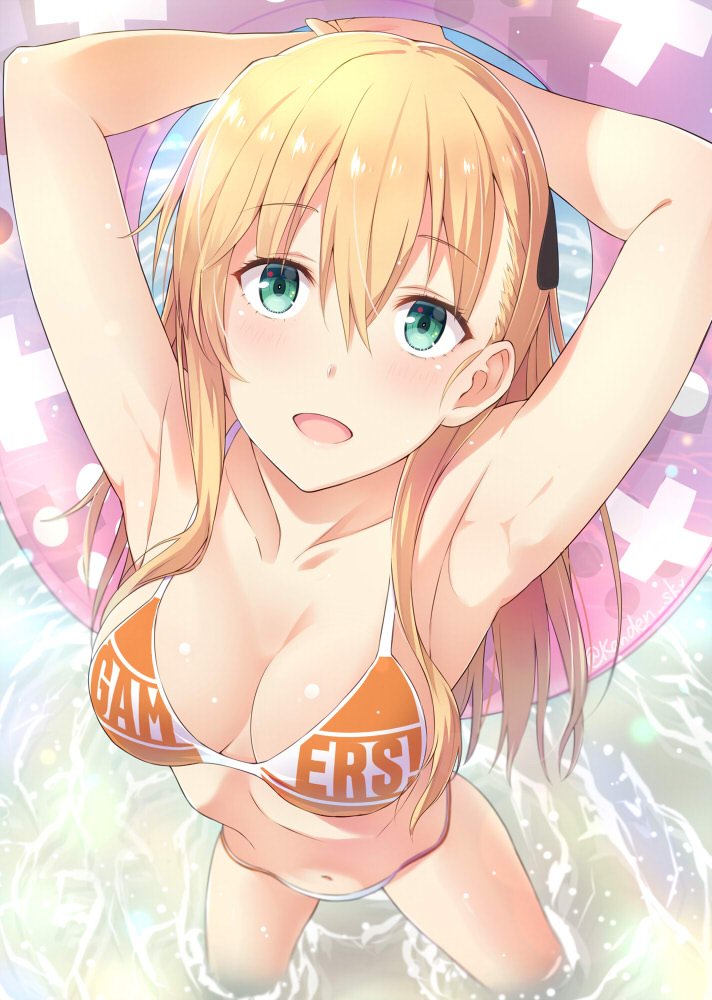 1girl :d armpits arms_up bikini blonde_hair blush breasts cleavage eyebrows_visible_through_hair foreshortening from_above gamers! green_eyes hair_ornament innertube kanden_suki long_hair looking_at_viewer looking_up medium_breasts navel open_mouth outdoors sidelocks smile solo swimsuit tendou_karen wading