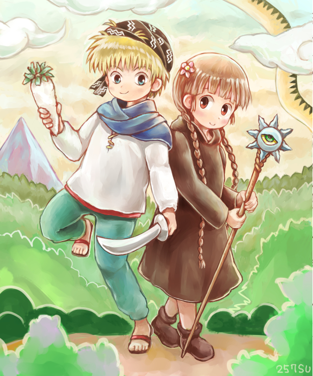 1boy 1girl bandanna blonde_hair blue_eyes braid brown_eyes brown_footwear brown_robe bush clouds daikon flower hair_flower hair_ornament knife kukuri long_hair looking_at_viewer mahoujin_guruguru ni_konasu outdoors sandals shoes smile staff standing standing_on_one_leg very_long_hair