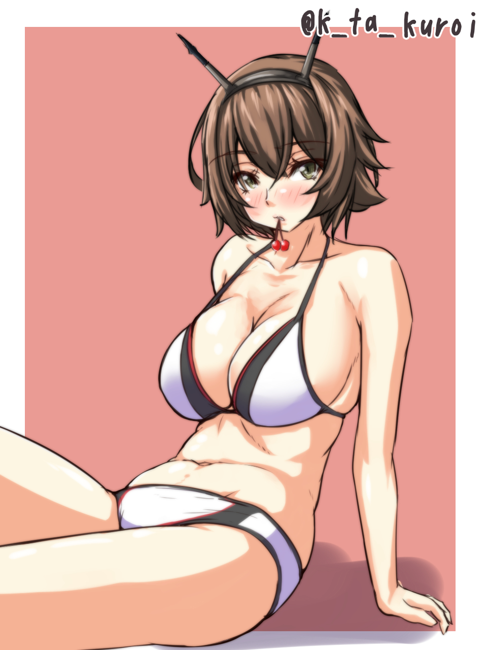 10s 1girl arm_support bangs bikini blush breasts brown_hair cherry collarbone eyebrows_visible_through_hair flipped_hair food food_in_mouth fruit green_eyes hair_between_eyes headgear highres kantai_collection kuroi_k-ta large_breasts looking_at_viewer mutsu_(kantai_collection) navel outside_border shadow short_hair sideboob sitting skindentation solo swimsuit twitter_username white_bikini