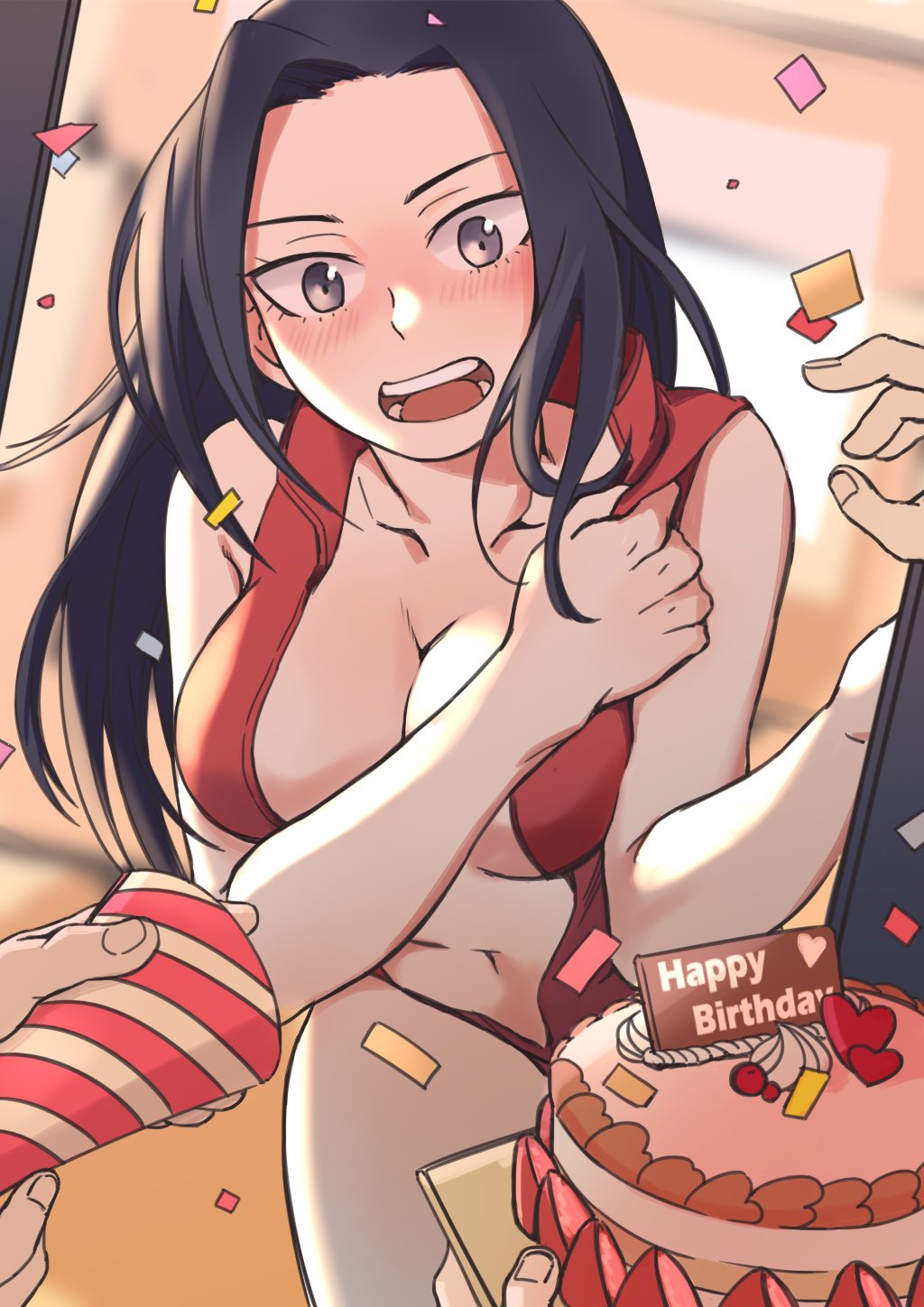 1girl bangs bare_arms birthday birthday_cake black_hair blush boku_no_hero_academia breasts cake commentary_request covering covering_breasts embarrassed food grey_eyes gwillarmy hair_down heart highres indoors large_breasts leaning_forward leotard navel open_mouth parted_bangs solo_focus surprised teeth yaoyorozu_momo