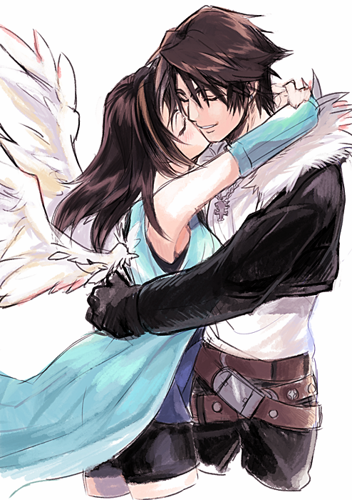 1boy 1girl black_gloves black_hair black_jacket black_pants black_shorts brown_hair closed_eyes couple cowboy_shot feathered_wings final_fantasy final_fantasy_viii gloves hetero hug jacket jewelry medu_(rubish) necklace pants rinoa_heartilly shirt short_hair shorts smile squall_leonhart white_background white_shirt white_wings wings