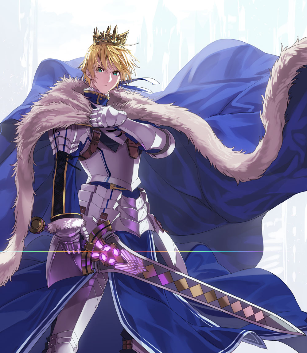 1boy armor bangs belt_buckle blonde_hair blue_cloak blue_ribbon breastplate brown_belt buckle cape closed_mouth commentary_request crown diffraction_spikes excalibur_(fate/prototype) fate/grand_order fate/prototype fate_(series) faulds fur-trimmed_cloak fur-trimmed_sleeves fur_trim gauntlets glowing greaves green_eyes hair_ribbon hand_up holding holding_sword holding_weapon loincloth long_sleeves looking_at_viewer male_focus pauldrons rainbow ribbon saber_(fate/prototype) serious solo standing sword weapon wind yahako