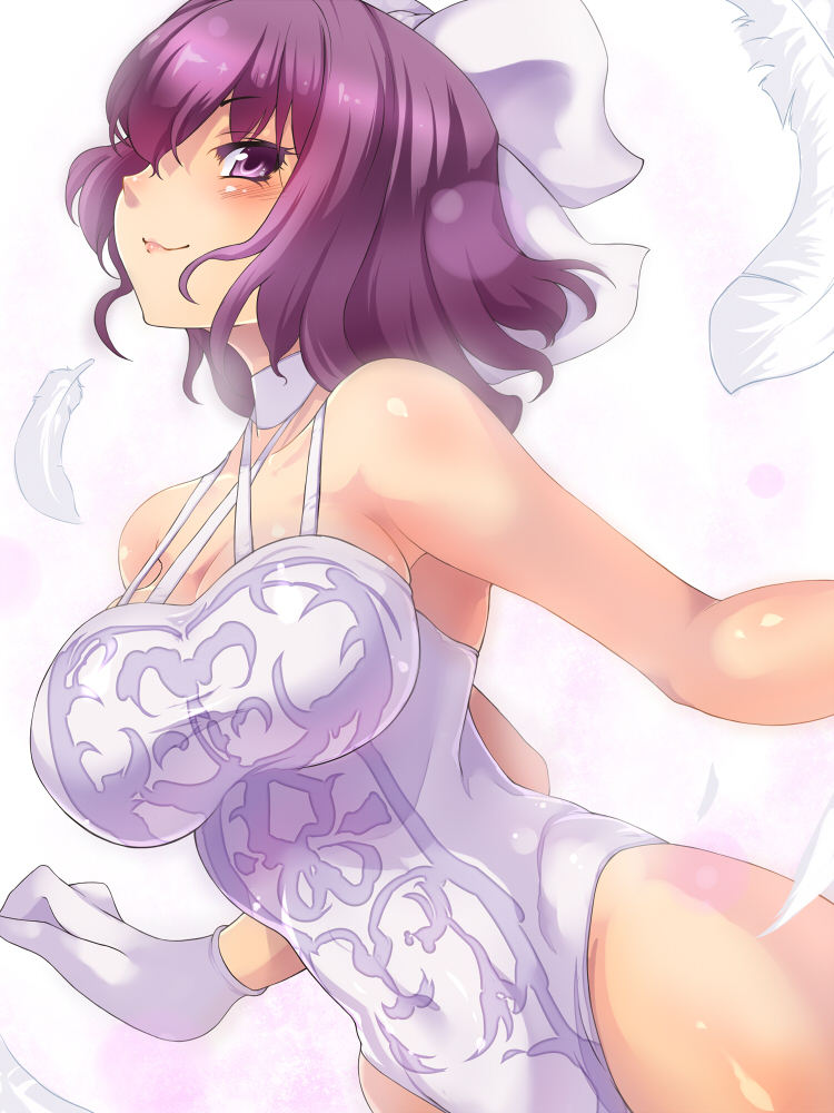 1girl armpits bare_shoulders blush bow breasts character_request cleavage closed_mouth collarbone copyright_request from_side gloves hair_bow large_breasts leotard looking_at_viewer looking_to_the_side purple_hair shiny shiny_skin smile solo suikamaru violet_eyes white_bow white_gloves white_leotard