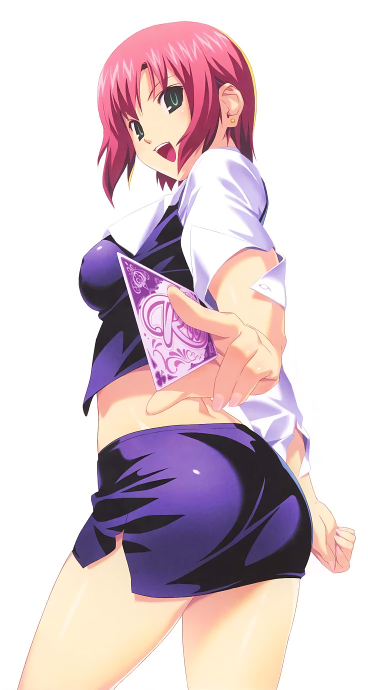 1girl ass breasts card cowboy_shot earrings green_eyes highres holding holding_card jewelry koutaro looking_at_viewer midriff official_art open_mouth outstretched_arm pencil_skirt pink_hair rio_rollins short_hair short_sleeves side_slit simple_background skirt solo super_blackjack white_background