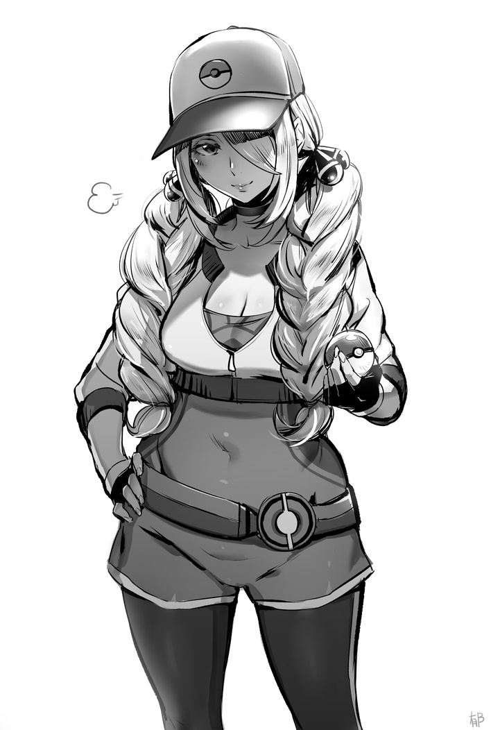 1girl =3 artist_name bangs baseball_cap blush braid breasts cleavage closed_mouth commentary_request cosplay covered_navel cowboy_shot cropped_jacket female_protagonist_(pokemon_go) female_protagonist_(pokemon_go)_(cosplay) fingerless_gloves gloves greyscale hair_over_one_eye hand_on_hip hat holding holding_poke_ball iku_(ikuchan_kaoru) large_breasts leggings long_hair looking_at_viewer monochrome poke_ball pokemon pokemon_(game) pokemon_dppt pokemon_go revision shirona_(pokemon) signature simple_background sleeves_past_elbows smile solo twintails twintails_day