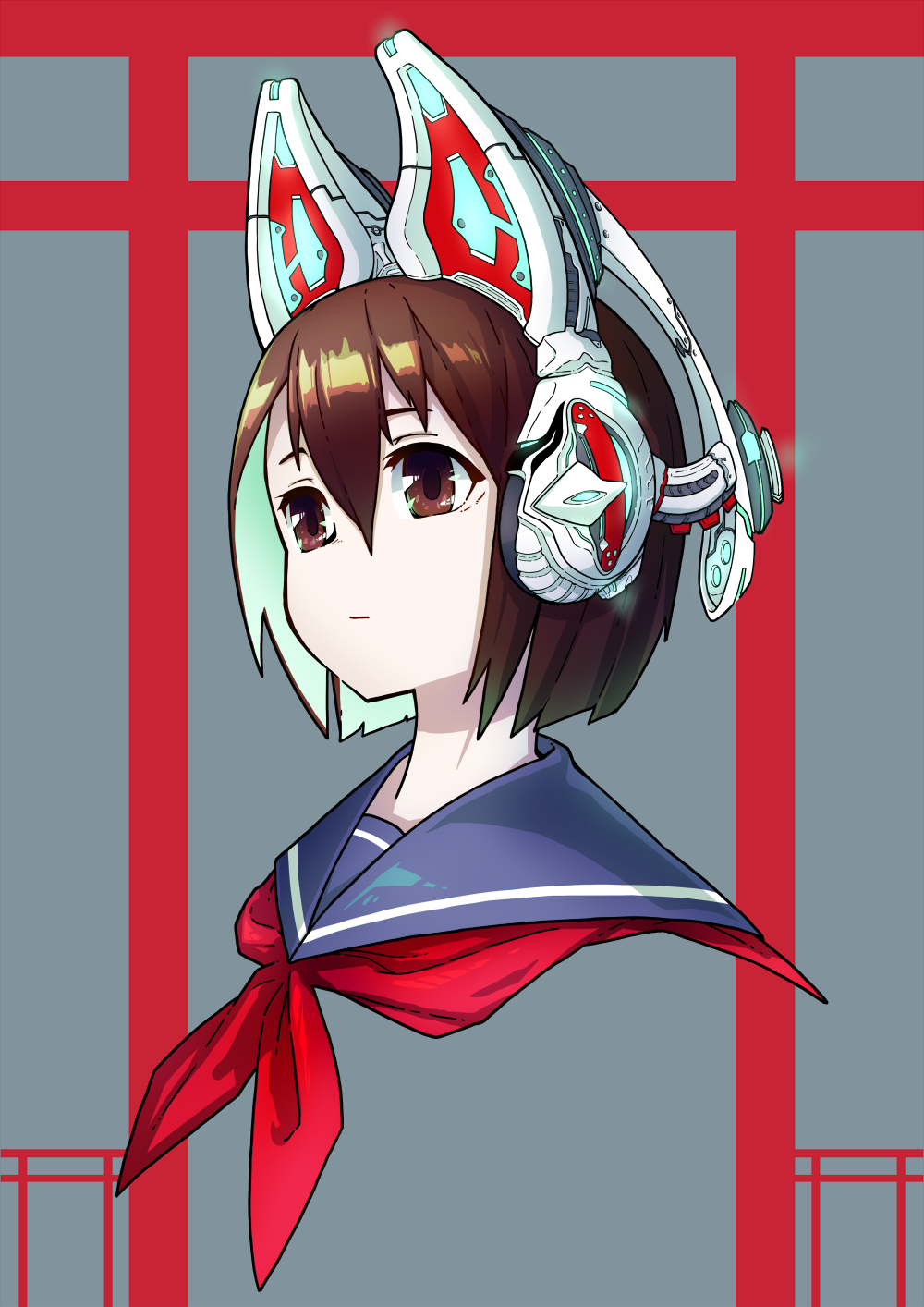 1girl animal_ears brown_eyes brown_hair closed_mouth expressionless face fake_animal_ears fox_mask grey_background hair_between_eyes headphones highres jaco looking_away mask mechanical_ears neckerchief original portrait red_neckerchief sailor_collar school_uniform serafuku short_hair solo torii