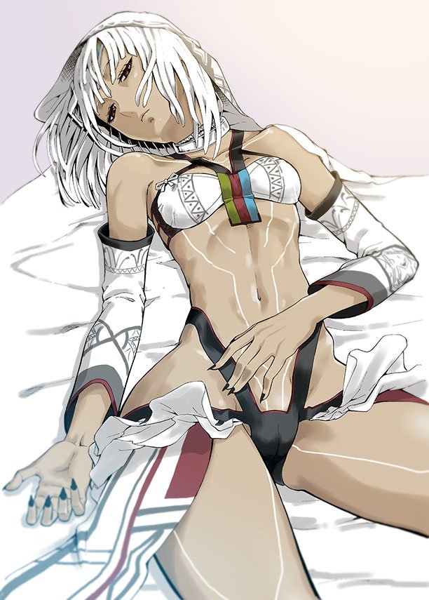 10s 1girl altera_(fate) bangs bare_shoulders black_nails breasts dark_skin detached_sleeves fate/extella fate/extra fate_(series) looking_at_viewer lying nail_polish navel oku_hideki on_back red_eyes revealing_clothes short_hair small_breasts solo stomach tattoo veil white_hair
