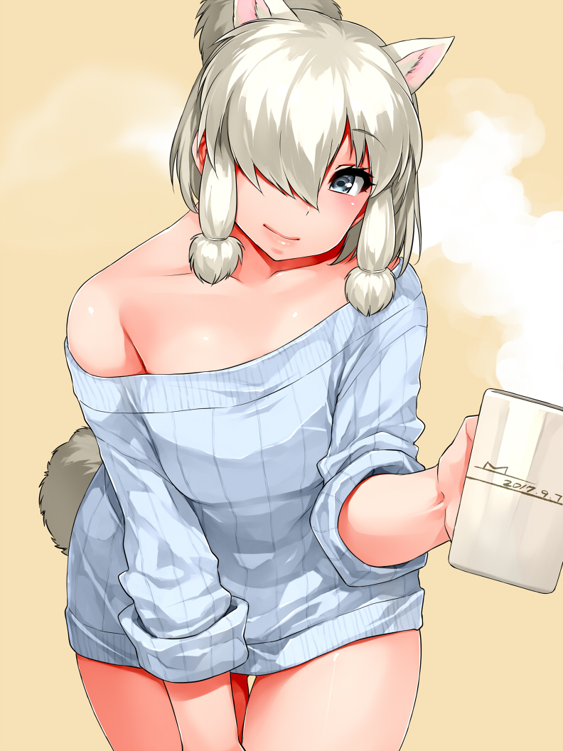 1girl 2017 alpaca_ears alpaca_suri_(kemono_friends) alpaca_tail alternate_costume bare_shoulders beige_background blonde_hair blue_sweater collarbone cowboy_shot cup dated extra_ears eyebrows_visible_through_hair foreshortening giving grey_eyes hair_bun hair_over_one_eye hair_tie happa_(cloverppd) holding kemono_friends light_smile long_sleeves looking_at_viewer mug ribbed_sweater shirt_pull short_hair simple_background sleeves_rolled_up solo steam sweater