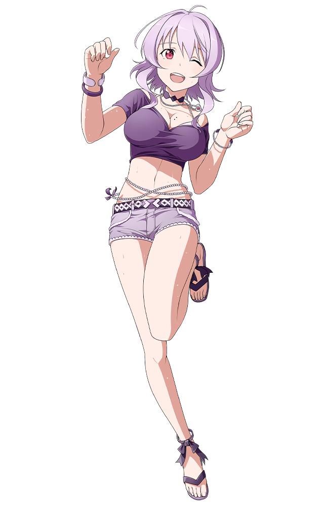 1girl bracelet breasts choker cleavage feet jewelry large_breasts leg_up long_hair looking_at_viewer mole necklace official_art one_eye_closed open_mouth purple_hair red_eyes sandals short_shorts short_sleeves shorts simple_background solo strea sweat sword_art_online toes white_background