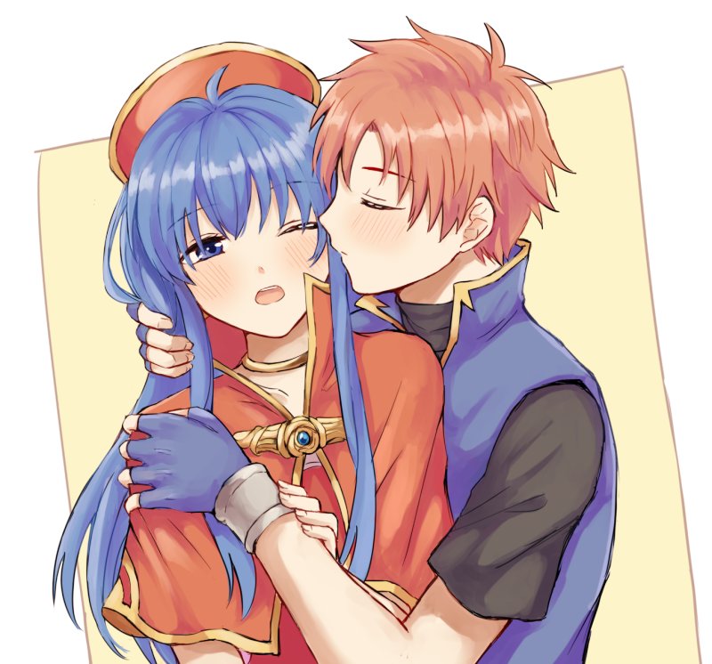 1boy 1girl armor blue_eyes blue_hair blush closed_eyes couple dress fire_emblem fire_emblem:_fuuin_no_tsurugi gloves hat hetero kiss lilina long_hair redhead roy_(fire_emblem) short_hair simple_background white_background wspread