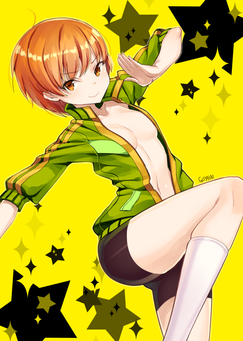 1girl black_shorts breasts brown_eyes brown_hair cardigan cleavage highres jewriel looking_at_viewer medium_breasts open_cardigan open_clothes persona persona_4 satonaka_chie short_hair short_shorts shorts smile solo star weater white_legwear yellow_background