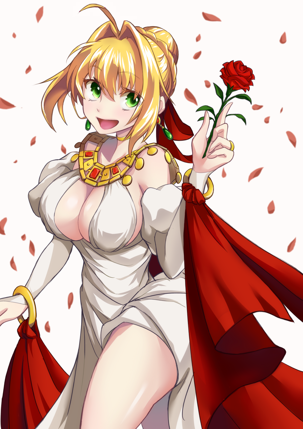 10s 1girl :d bangs blonde_hair blush bracelet breasts bridal_gauntlets cleavage cowboy_shot dress fate/extra fate_(series) flower green_eyes hair_intakes hair_ribbon highres jewelry large_breasts looking_at_viewer open_mouth petals red_rose ribbon rose rose_petals saber_extra smile solo urayama_(backmountain) white_dress