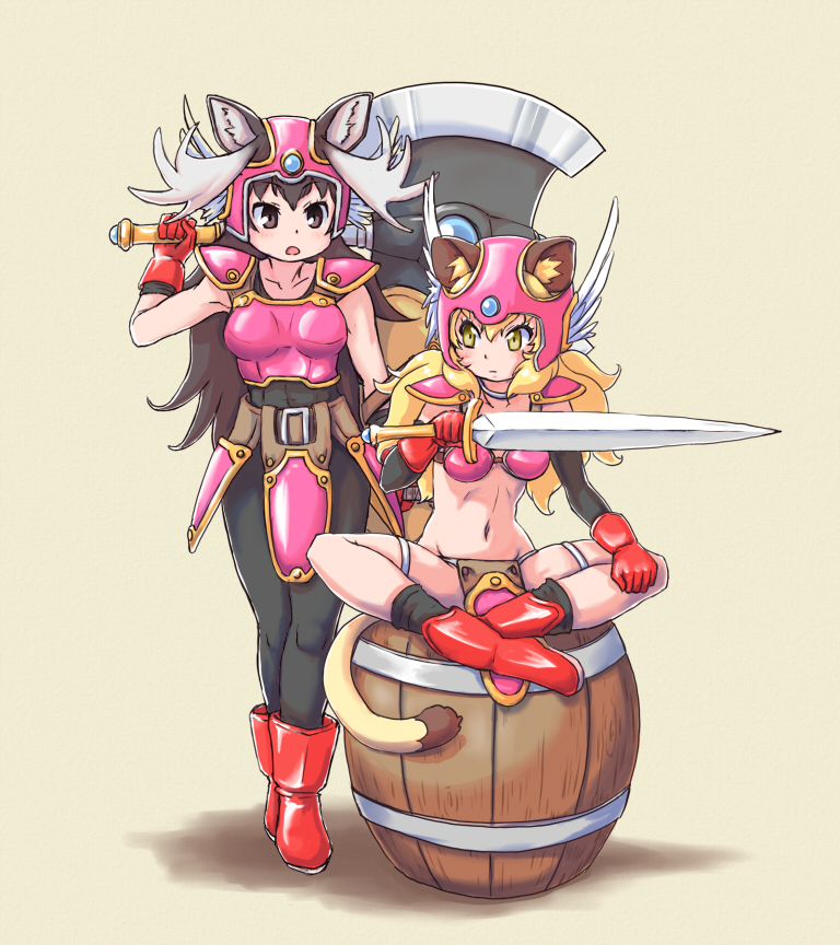 2girls animal_ears antlers armor axe barrel bikini_armor bodysuit breasts dragon_quest dragon_quest_iii gloves helmet kemono_friends legs_crossed lion_(kemono_friends) lion_ears long_hair moose_(kemono_friends) moose_ears multiple_girls navel pxton sitting skin_tight soldier_(dq3) sword weapon winged_helmet