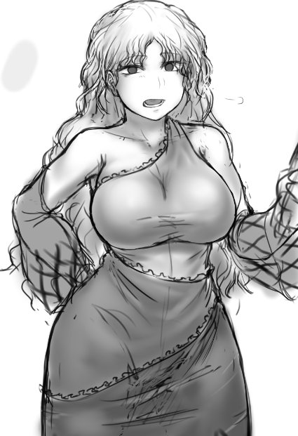 1girl bangs bare_shoulders breasts cowboy_shot detached_sleeves eyebrows_visible_through_hair greyscale hand_on_hip large_breasts long_hair long_sleeves looking_at_viewer monochrome open_mouth sakata_nemuno simple_background skirt solo touhou white_background yuugatou_(yuuzutu)