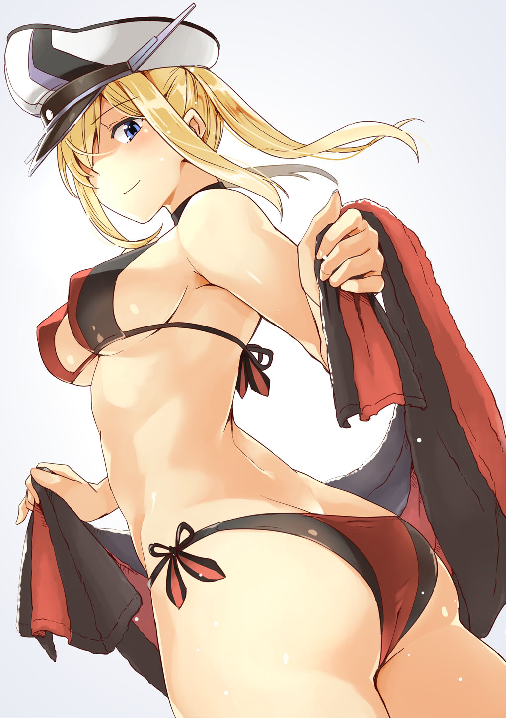 10s 1girl abo_(hechouchou) ass bikini blonde_hair blue_eyes breasts graf_zeppelin_(kantai_collection) hair_between_eyes hat highres kantai_collection long_hair medium_breasts multicolored multicolored_bikini multicolored_clothes peaked_cap side-tie_bikini sidelocks smile solo swimsuit twintails