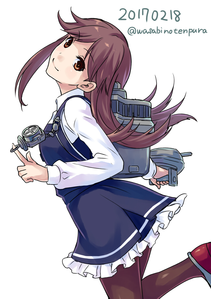 10s 1girl arashio_(kantai_collection) brown_eyes brown_hair crime_prevention_buzzer dated dress frilled_dress frills from_side kantai_collection long_sleeves looking_at_viewer machinery pantyhose pinafore_dress searchlight smile solo turret twitter_username wasabino_tenpura