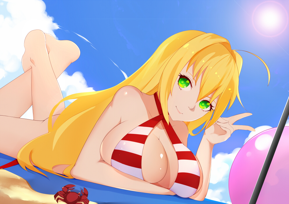 1girl ahoge ball barefoot beachball bikini blonde_hair breast_press breasts clouds crab criss-cross_halter crossed_ankles fate/grand_order fate_(series) feet_up green_eyes hair_intakes halterneck large_breasts long_hair looking_at_viewer lying nero_claudius_(swimsuit_caster)_(fate) on_stomach saber_extra shito_zhizhen sky solo striped striped_bikini summer sun swimsuit v