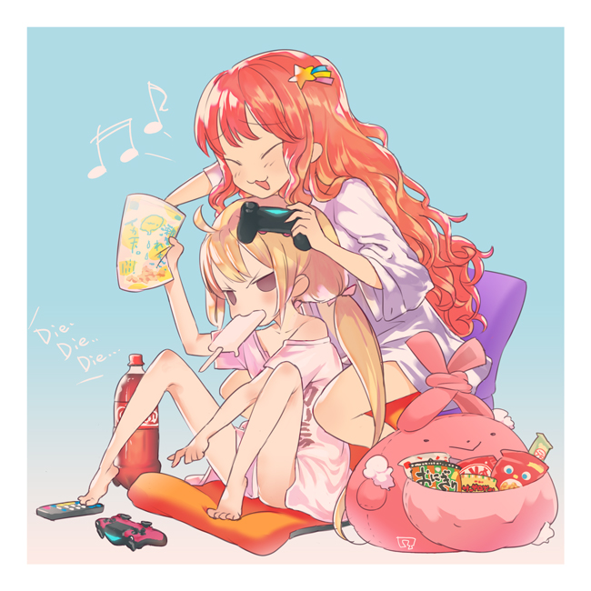 &gt;:| 2girls :3 ahoge aqua_background bangs bare_legs bare_shoulders barefoot bent_knees between_legs blonde_hair blush chair closed_eyes coca-cola collarbone controller eyebrows_visible_through_hair food food_in_mouth futaba_anzu game_controller gradient gradient_background hair_ornament holding holding_bag idolmaster idolmaster_cinderella_girls kitkat leaning_forward long_hair low_twintails matching_outfit moroboshi_kirari multiple_girls musical_note orange_hair oversized_clothes oversized_shirt playing_games pointing popsicle pouch reaching remote_control shirt sitting snack soda_bottle solid_oval_eyes star star_hair_ornament stuffed_animal stuffed_bunny stuffed_toy stuffing twintails uyori very_long_hair wavy_hair white_shirt