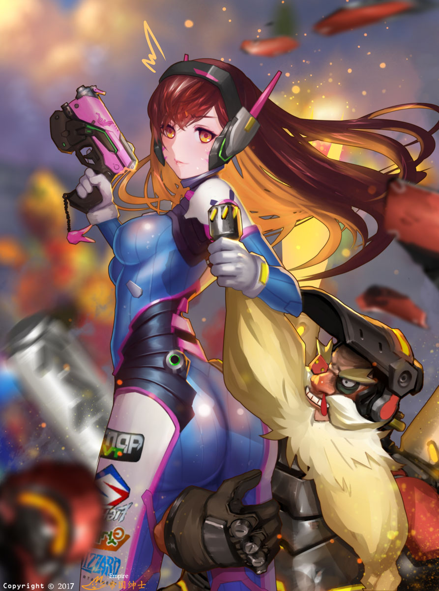 /\/\/\ 1boy 1girl 2017 animal_print armor artist_name ass bangs beard beard_pull blonde_hair blood blue_bodysuit bodysuit boots bracer breasts breasts_apart brown_eyes brown_gloves brown_hair bunny_print d.va_(overwatch) dated elbow_gloves emblem exhaust_pipe eyebrows_visible_through_hair eyelashes eyepatch facepaint facial_hair facial_mark from_behind gloves grin gun handgun hands_up headphones highres holding holding_gun holding_weapon knee_pads legs_apart logo long_hair looking_at_viewer looking_back medium_breasts nosebleed overwatch parted_lips pauldrons pilot_suit pink_lips shiny shiny_skin shogakusei_aki shoulder_pads skin_tight skindentation smile standing teeth thigh-highs thigh_boots thigh_strap torbjorn_(overwatch) trigger_discipline turtleneck twisted_torso weapon welding_mask whisker_markings white_boots white_gloves