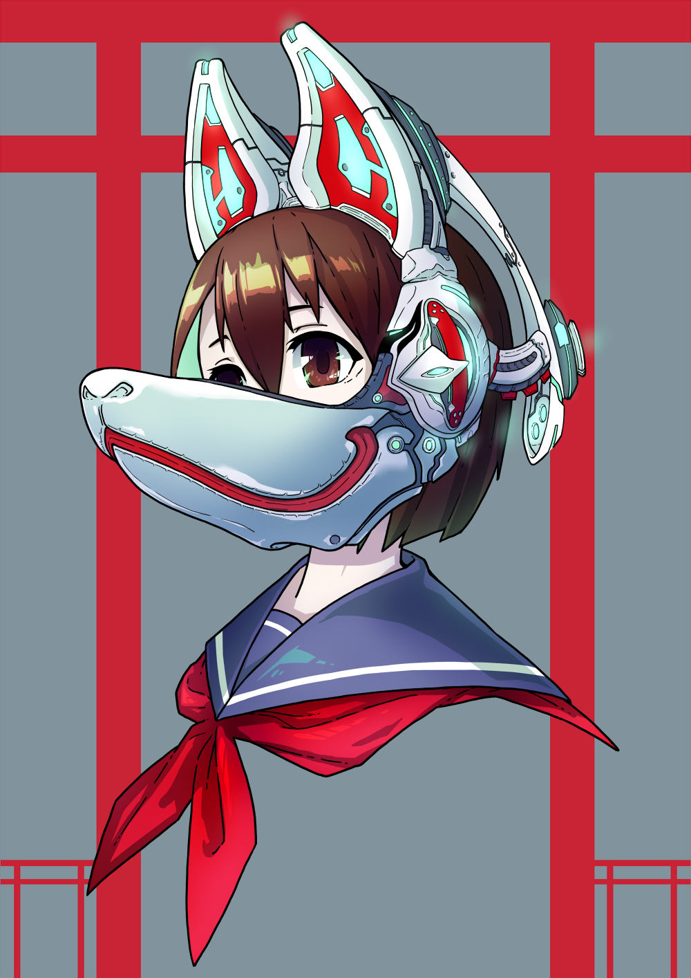 1girl animal_ears brown_eyes brown_hair face fake_animal_ears fox_mask grey_background hair_between_eyes headphones highres jaco looking_away mask mechanical_ears neckerchief original portrait red_neckerchief sailor_collar school_uniform serafuku short_hair solo torii