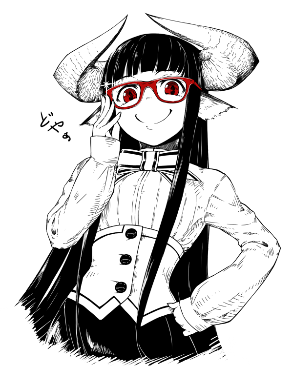 1girl animal_ears black_hair bustier closed_mouth commentary_request doyagao hand_on_glasses hand_on_hip hand_up horned_girl_(jaco) horns jaco long_hair long_sleeves looking_at_viewer original red-framed_eyewear red_eyes ribbon shirt simple_background skirt slit_pupils smile smug solo sparkle standing very_long_hair white_background