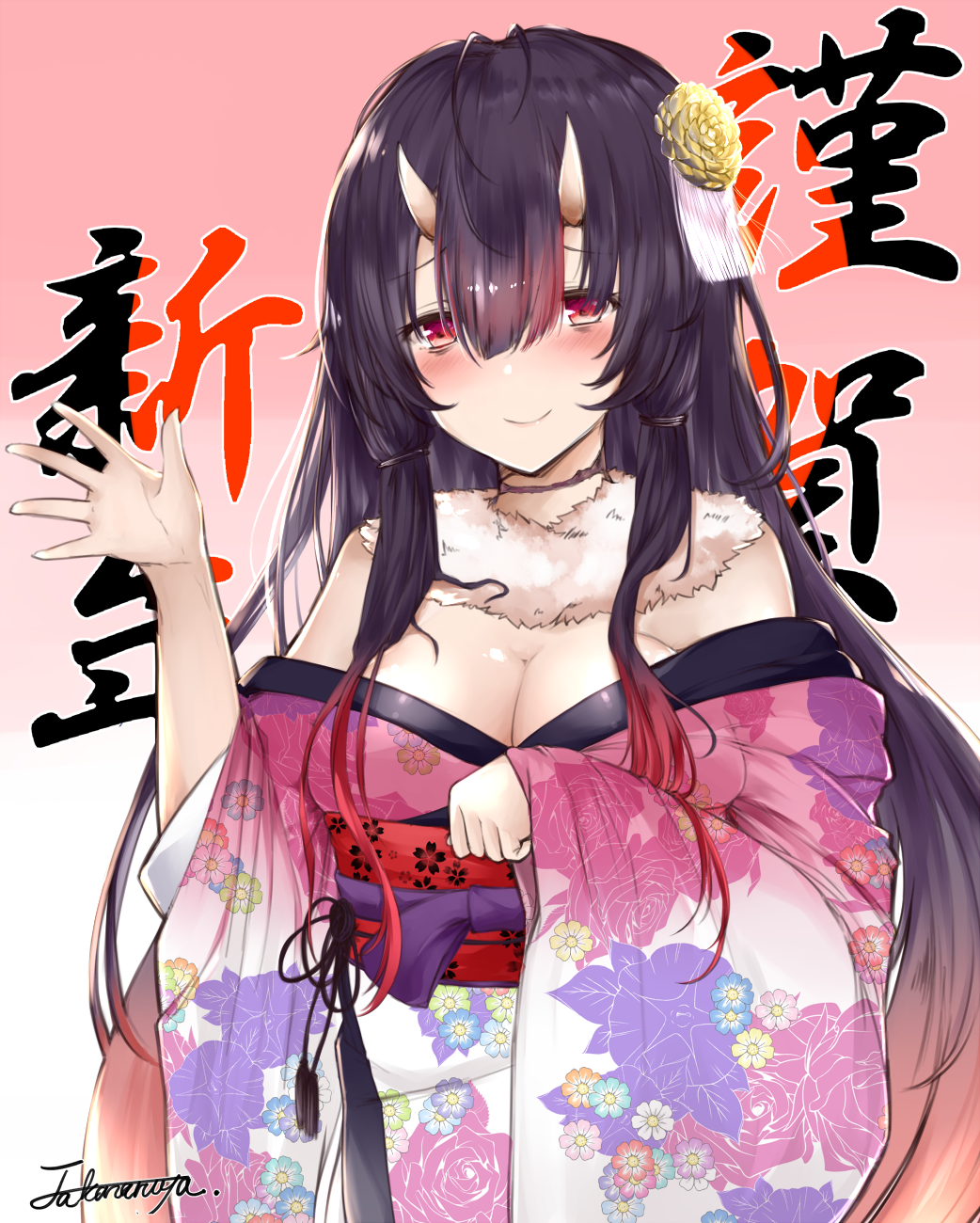 artist_name bags_under_eyes black_hair blush breasts cleavage clenched_hand cursive floral_print flower fur_collar gradient gradient_background gradient_hair hair_flower hair_ornament highres horns japanese_clothes kimono large_breasts leglus long_hair multicolored_hair nengajou new_year obi original pink_background redhead sash signature smile waving