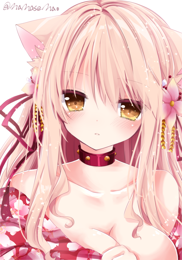 1girl animal_ears artist_name bangs bare_shoulders blonde_hair blush breasts cat_ears cleavage collarbone commentary_request floral_print flower hair_flower hair_ornament hair_ribbon head_tilt japanese_clothes kimono large_breasts long_hair looking_at_viewer nanase_kureha nanase_nao off_shoulder original parted_lips print_kimono red_collar red_kimono red_ribbon ribbon simple_background solo studded_collar tsurime twitter_username white_background yellow_eyes
