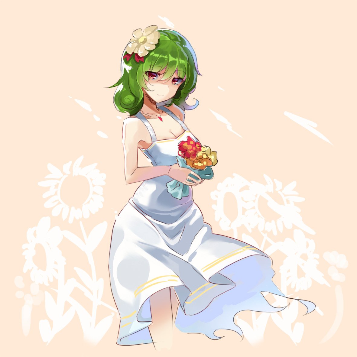 1girl alternate_costume bare_shoulders bouquet breasts cleavage dress flower green_hair hair_flower hair_ornament jewelry kazami_yuuka looking_at_viewer medium_breasts necklace red_eyes rin_falcon sleeveless solo standing sundress sunflower touhou white_dress wind wind_lift