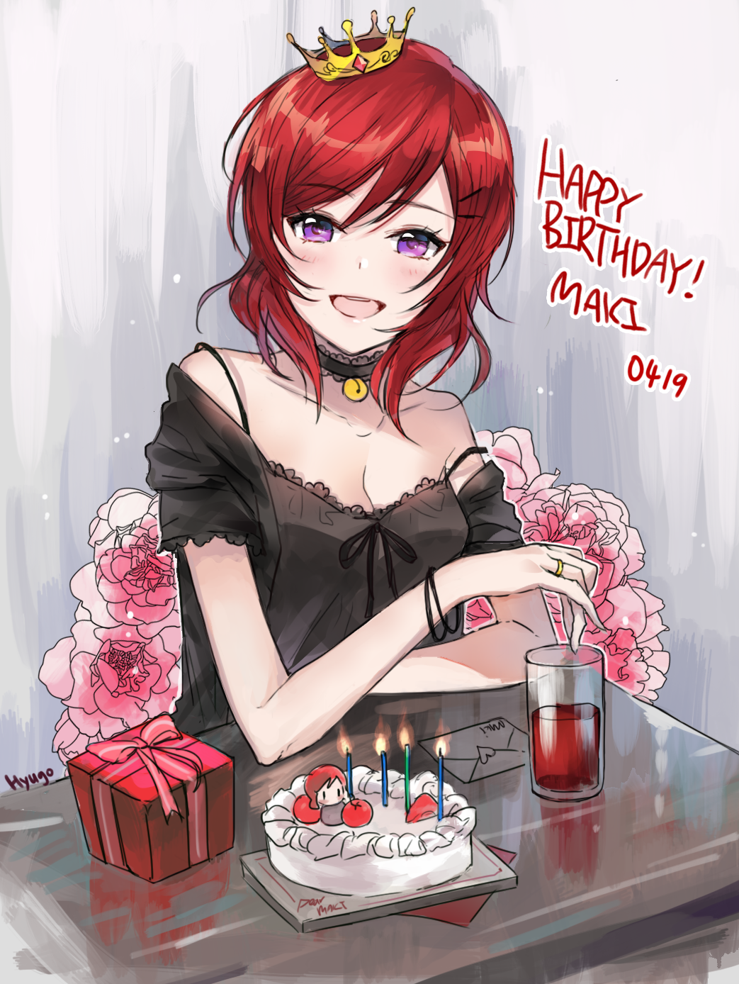 :d black_shirt box bracelet breasts cake character_name choker cleavage collarbone crown dated eyebrows_visible_through_hair food gift gift_box hair_between_eyes happy_birthday highres hyugo jewelry long_hair love_live! love_live!_school_idol_project medium_breasts mini_crown nishikino_maki off_shoulder open_mouth pink_flower redhead ring shirt sketch smile violet_eyes