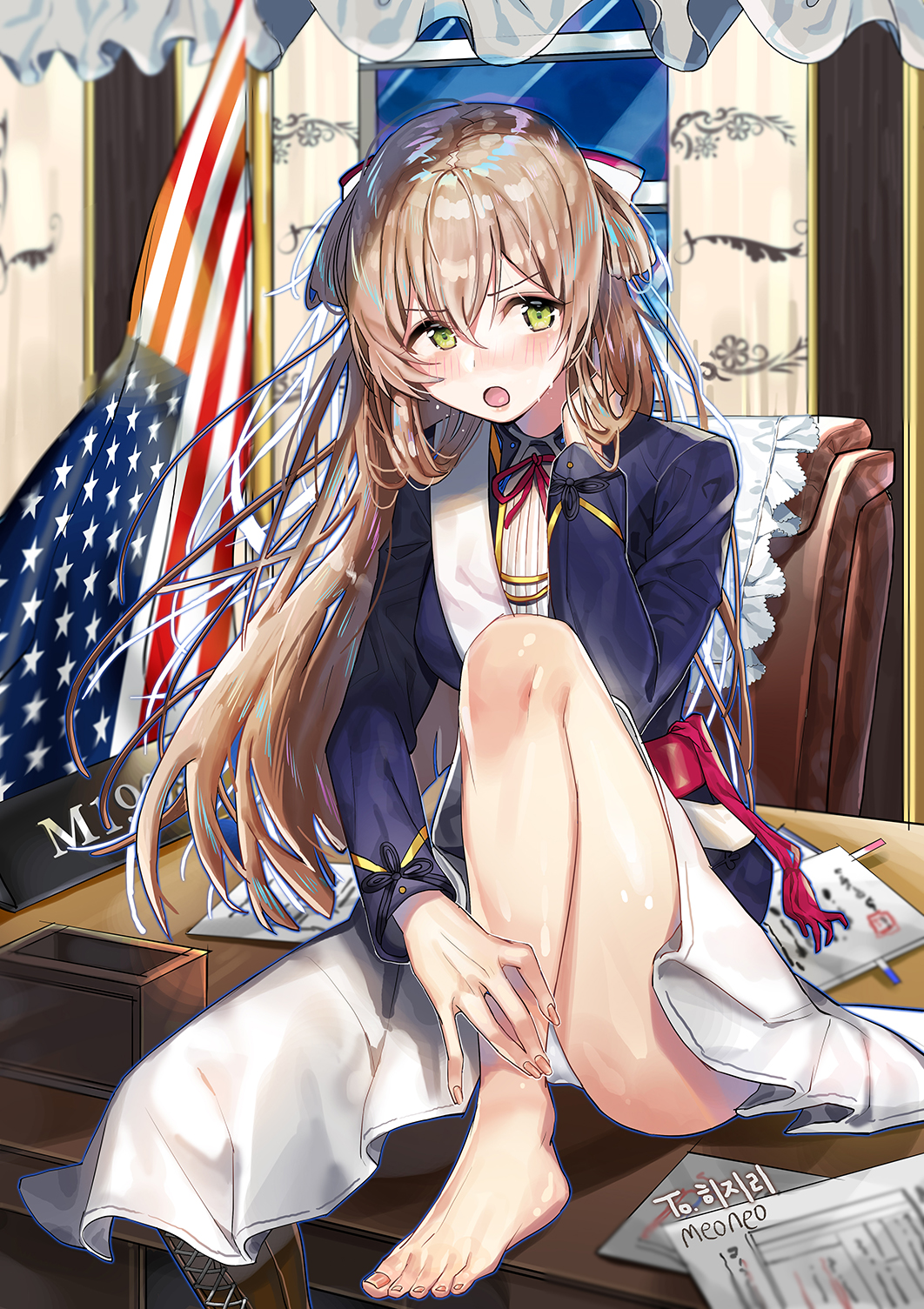 1girl :o american_flag angry bangs blush boots brown_hair character_name crying dress eyebrows_visible_through_hair flag girls_frontline gloves gloves_removed green_eyes hair_between_eyes hand_in_hair hand_up highres indoors jacket leaning_forward leg_up lips long_hair looking_at_viewer m1903_springfield_(girls_frontline) meoneo military military_uniform nail_polish open_clothes open_jacket open_mouth shoes_removed sitting solo sparkle tears uniform white_background white_dress