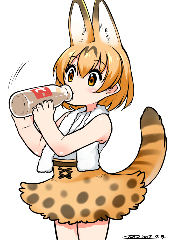 1girl 2017 animal_ears bare_shoulders blonde_hair bottle cowboy_shot dated drinking extra_ears eyebrows_visible_through_hair hair_between_eyes happa_(cloverppd) holding holding_bottle kemono_friends milk_bottle print_skirt serval_(kemono_friends) serval_ears serval_print serval_tail shirt short_hair signature simple_background skirt sleeveless solo tail towel towel_around_neck white_background white_shirt yellow_eyes