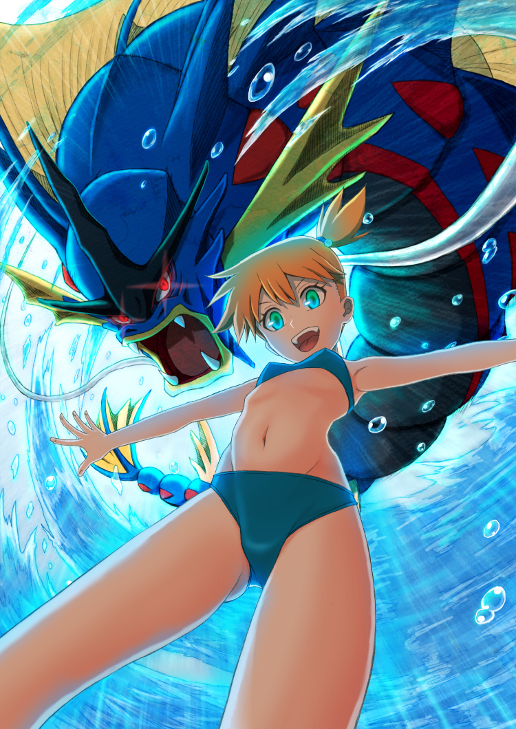 1girl :d armpits bare_arms bikini blue_bikini breasts bubble fangs glowing glowing_eyes green_eyes gyarados kasumi_(pokemon) looking_at_viewer mega_gyarados navel open_mouth orange_hair outstretched_arms pavelnedved11 pokemon pokemon_(anime) pokemon_(creature) pokemon_sm_(anime) red_eyes short_ponytail smile spread_arms stomach swimsuit teeth water