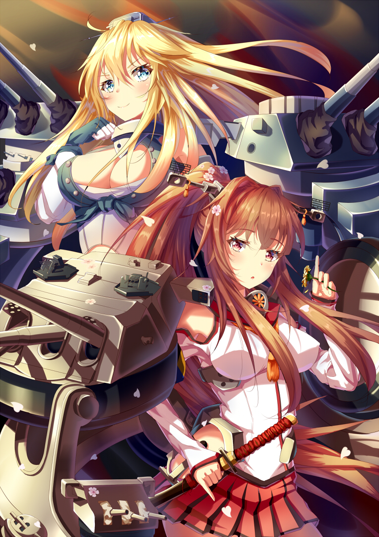 10s 2girls armpits blonde_hair blue_eyes breasts brown_eyes brown_hair cannon cherry_blossoms cleavage cowboy_shot elbow_gloves fingerless_gloves flower gloves hair_flower hair_ornament headgear iowa_(kantai_collection) kantai_collection large_breasts long_hair looking_at_viewer machinery medium_breasts multiple_girls ponytail red_skirt rigging sidelocks skirt smile sword upper_body weapon xi_zhujia_de_rbq yamato_(kantai_collection)