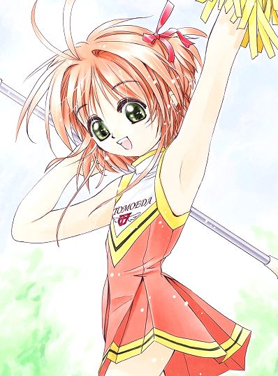 bow brown_hair card_captor_sakura cardcaptor_sakura cheerleader green_eyes hair_bow kinomoto_sakura pleated_skirt pom_poms skirt tom_(artist) twirl_baton