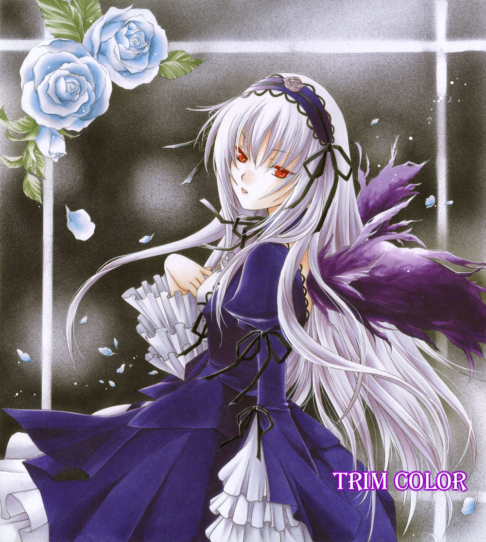 dress flower hairband long_hair red_eyes rozen_maiden silver_hair suigintou trimcolor watermark wings