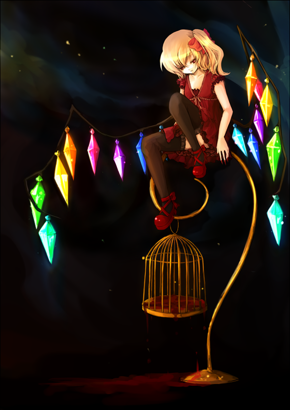 ankle_lace-up black_legwear blonde_hair blood bow cage cross-laced_footwear dress flandre_scarlet frills hair_bow hanada_hyou no_hat no_headwear side_ponytail sitting sitting_on_object thighhighs touhou