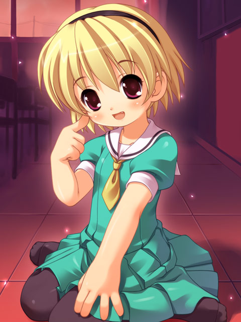 blonde_hair child dress hairband higurashi_no_naku_koro_ni houjou_satoko kneeling pantyhose red_eyes sailor_dress short_hair sparkle sparkles