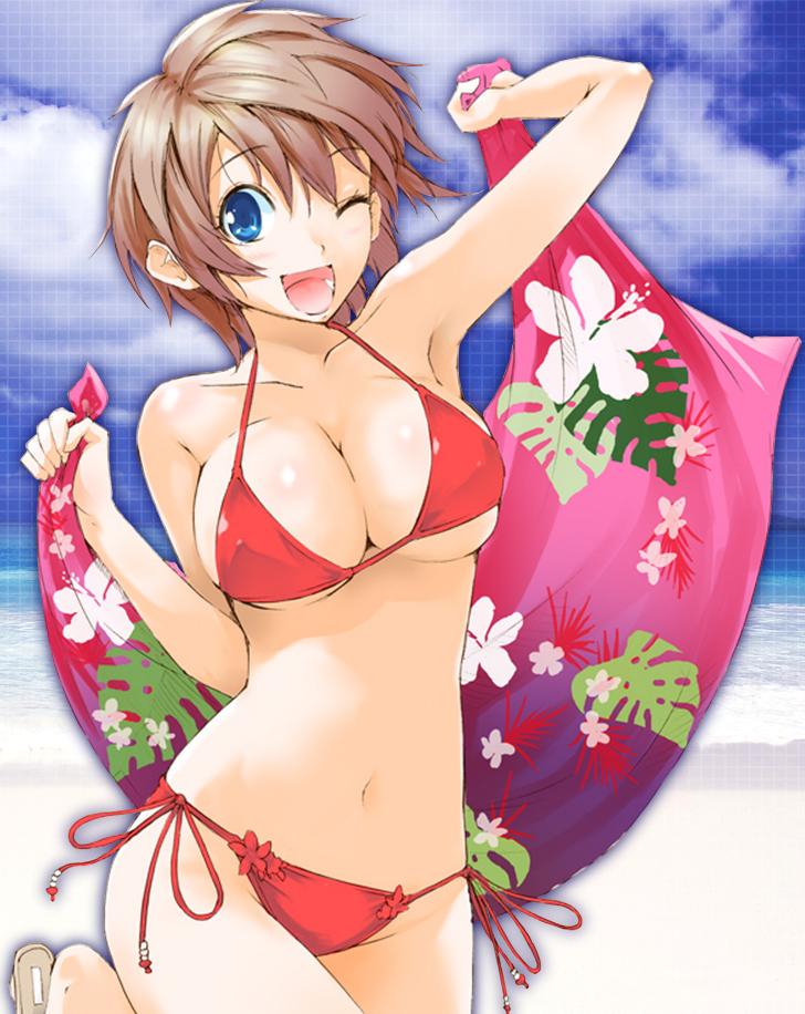 bikini blue_eyes breasts brown_hair cleavage nylon sandals short_hair side-tie_bikini swimsuit towel wink