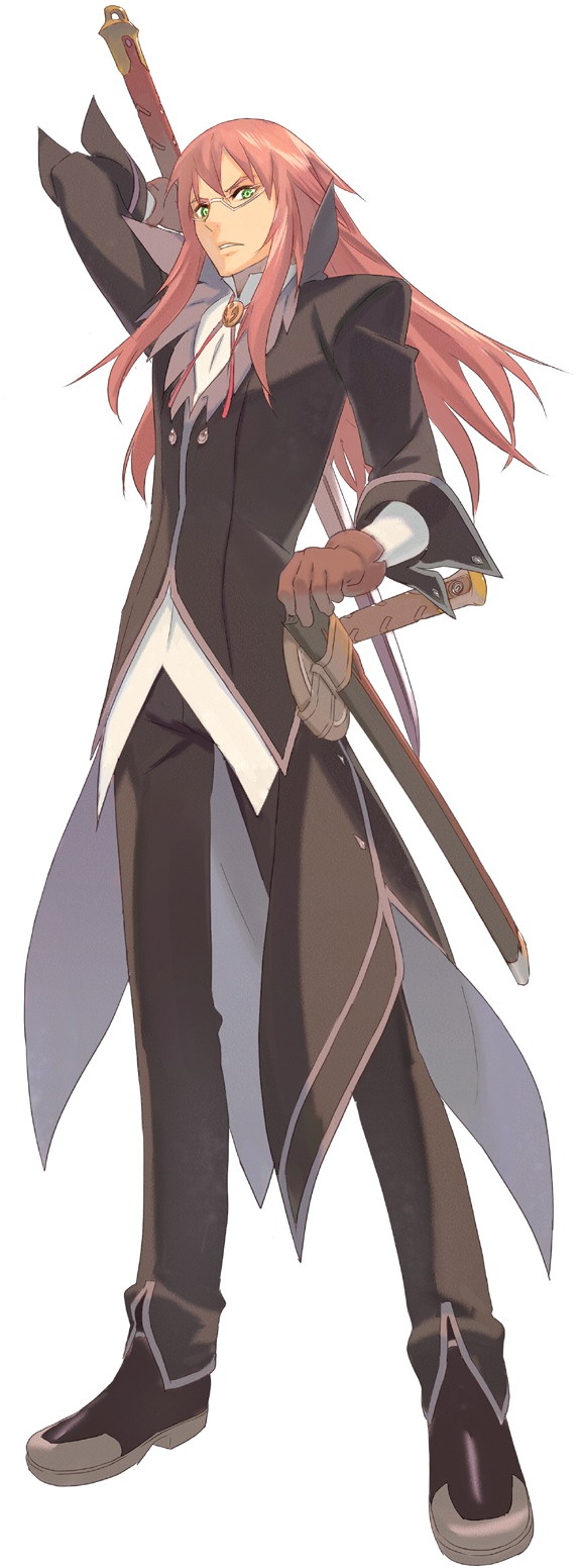 glasses gloves green_eyes highres long_hair male namco official_art okumura_daigo red_hair redhead richter_abend sheath sword tales_of_(series) tales_of_symphonia tales_of_symphonia_knight_of_ratatosk weapon