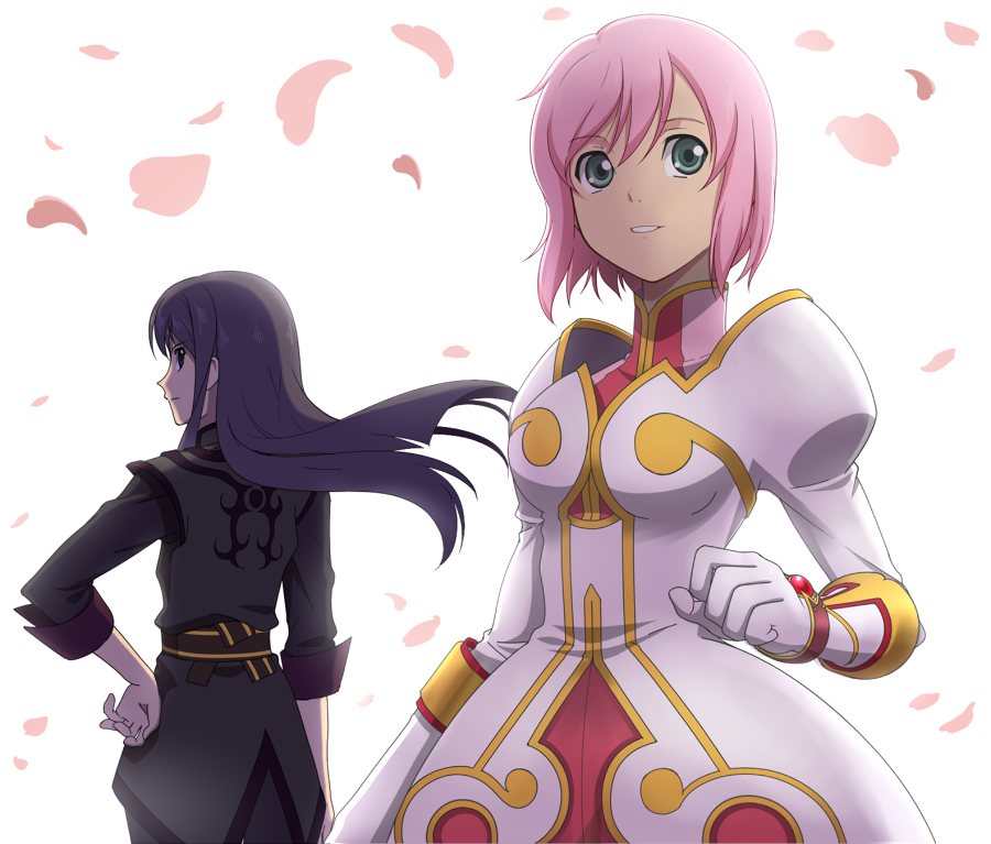 1girl black_hair estellise_sidos_heurassein gloves green_eyes long_hair mikeneko_(stray-sheep) petals pink_hair short_hair tales_of_(series) tales_of_vesperia white_background yuri_lowell