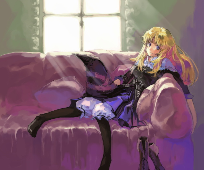 1girl boots couch grimgrimoire hat lillet_blan nippon_ichi pantyhose purple_eyes solo violet_eyes witch_hat