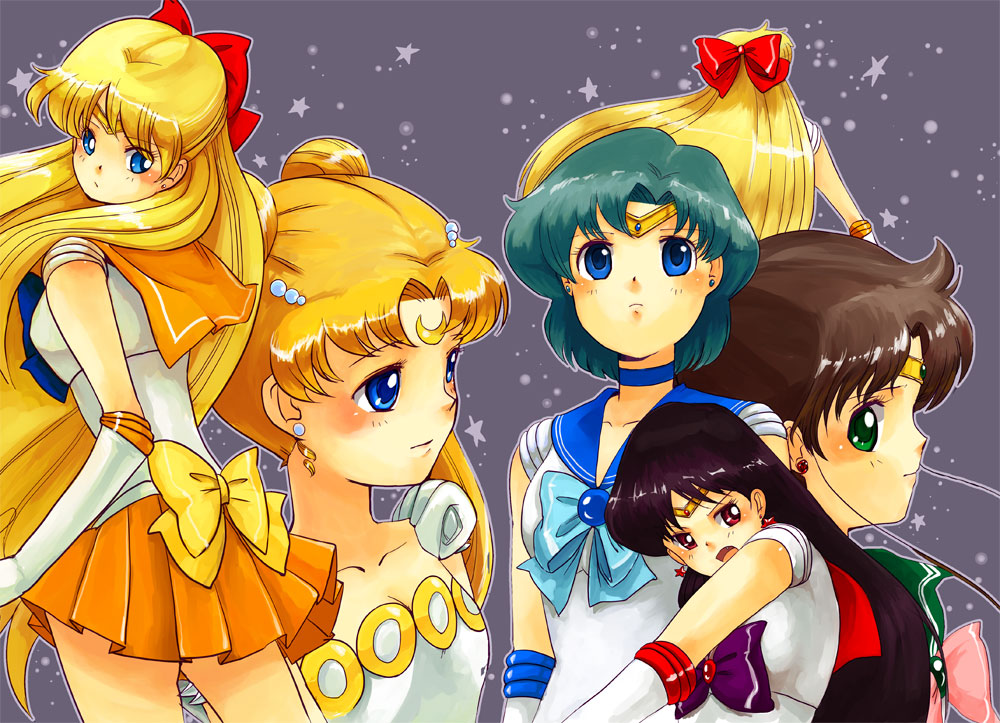 aino_minako azuma_yukihiko bishoujo_senshi_sailor_moon black_hair blonde_hair blue_eyes blue_hair bow brown_hair choker circlet double_bun double_buns earrings elbow_gloves gloves green_eyes grey_background hair_bow hino_rei inner_senshi jewelry kino_makoto long_hair magical_girl mizuno_ami multiple_girls orange_dress princess_serenity purple_hair red_eyes sailor_jupiter sailor_mars sailor_mercury sailor_moon sailor_senshi sailor_venus short_hair skirt star stars tiara tsukino_usagi twintails