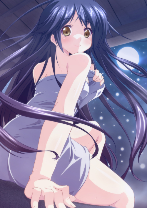 blue_hair brown_eyes impossible_towel long_hair moon naked_towel original towel