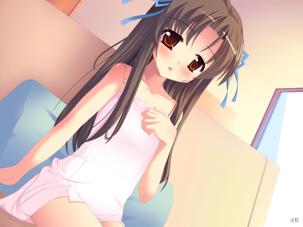 bow brown_hair flat_chest hair_bow long_hair naked_towel natsumiya_yuzu original red_eyes towel wet