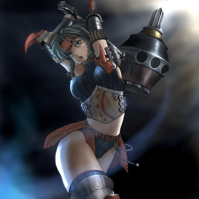 angry armband armor arms_up asymmetrical_clothes bangs belt black_hair blue_eyes boyshorts braid breasts chain crop_top curvy elbow_gloves fighting_stance forehead_protector foreshortening gloves hammer headband holding huge_weapon impossible_clothes impossible_shirt kuroobi_(armor) large_breasts leaning looking_at_viewer midriff monster_hunter navel open_mouth parted_bangs shirt shorts sleeveless sleeveless_turtleneck solo spikes standing striped thigh-highs thighhighs thighs turtleneck wancozow weapon
