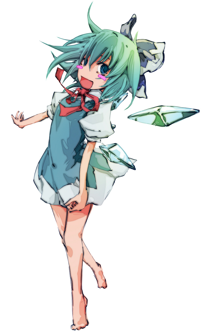 aqua_hair barefoot blue_eyes blush blush_stickers bow cirno dain dress hair_bow neck_ribbon open_mouth ribbon short_hair solo touhou wings